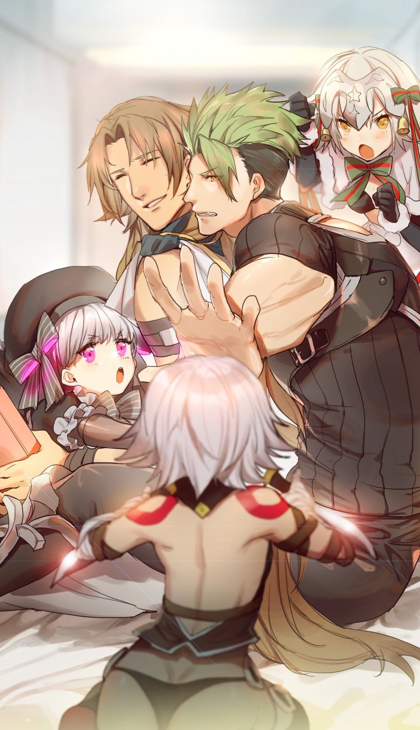 2boys 3girls alice_(fate) ass bare_shoulders black_panties blurry bow brown_hair chiron_(fate) depth_of_field fate/apocrypha fate/grand_order fate_(series) green_hair grey_hair hat headpiece highres jack_the_ripper_(fate/apocrypha) jeanne_d&#039;arc_(fate) jeanne_d&#039;arc_alter_santa_lily_(fate) long_hair multiple_boys multiple_girls no-kan outstretched_hand panties purple_eyes short_hair tattoo undercut underwear white_hair yellow_eyes