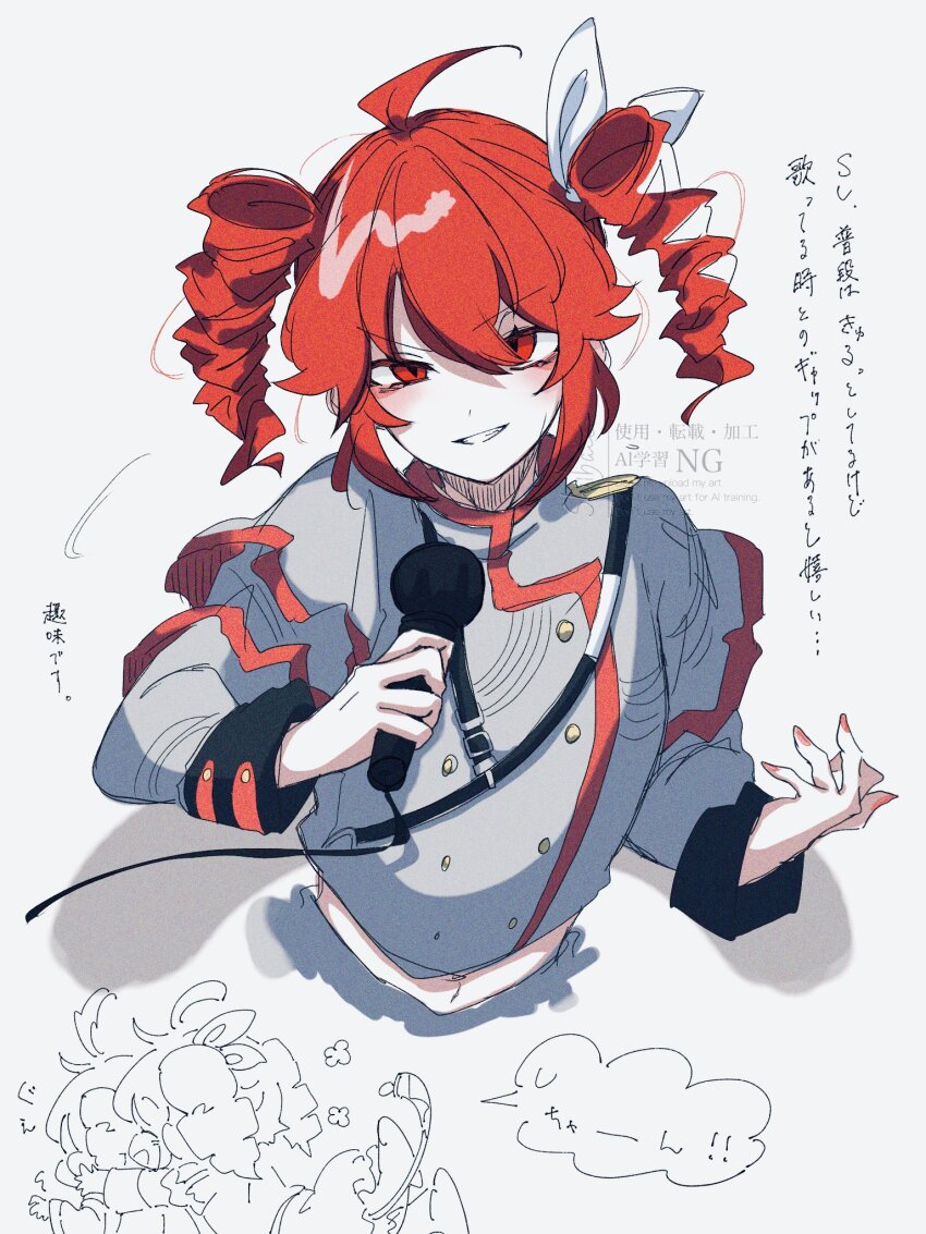 1girl ahoge cable clenched_teeth drill_hair grey_shirt grin hair_between_eyes hair_ribbon highres holding holding_microphone kasane_teto long_sleeves looking_at_viewer microphone nail_polish navel red_eyes red_hair red_nails ribbon shirt simple_background smile solo speech_bubble synthesizer_v teeth translation_request twin_drills urano_shibano watermark white_background white_ribbon