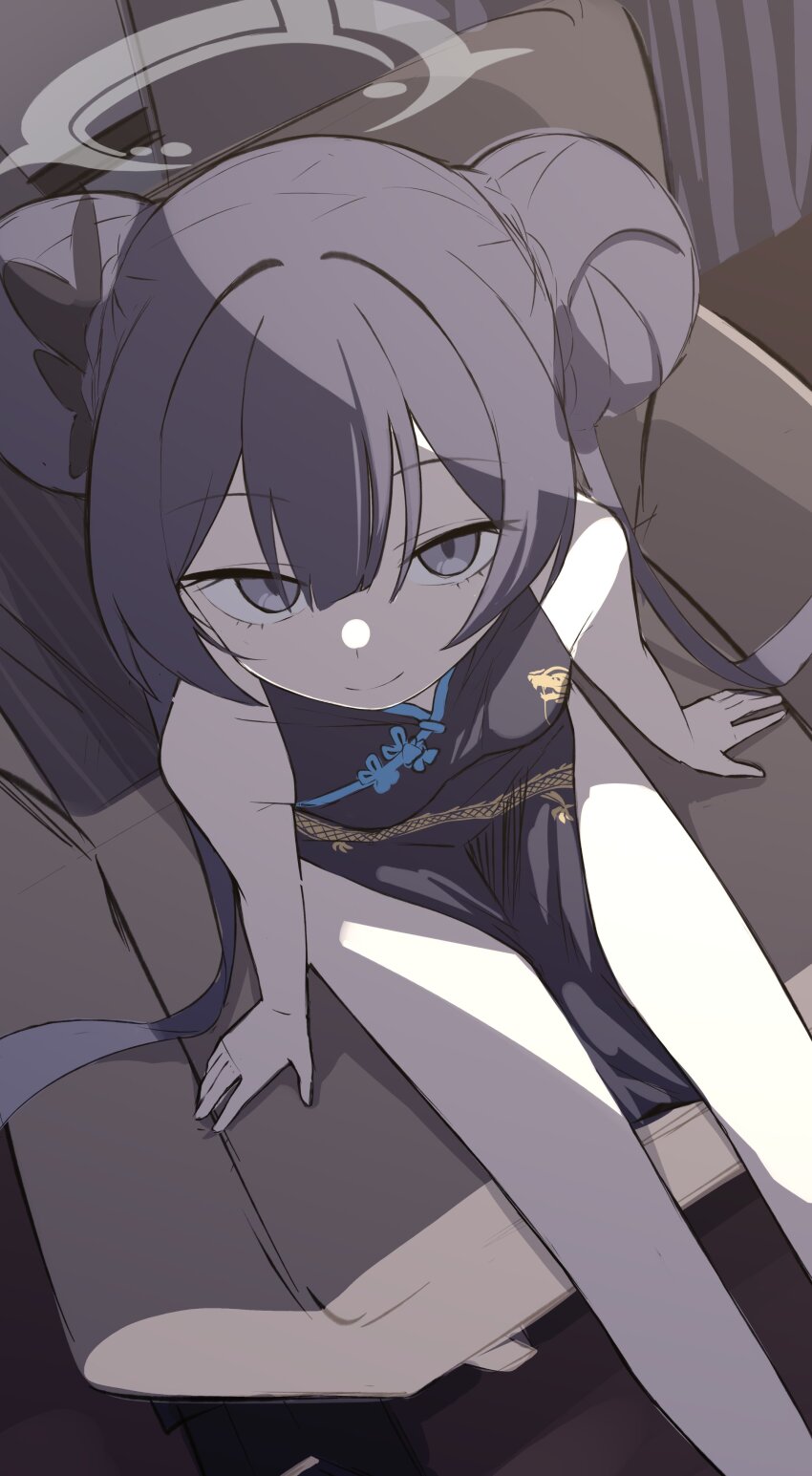 1girl absurdres bare_shoulders black_dress black_hair blue_archive blunt_bangs braid braided_bun breasts butterfly_hair_ornament china_dress chinese_clothes double_bun dragon_print dress from_above grey_eyes grey_halo grey_jacket hair_bun hair_ornament halo hashtag-only_commentary highres jacket kisaki_(blue_archive) long_hair looking_at_viewer looking_up mmhomm on_chair pelvic_curtain pinstripe_jacket pinstripe_pattern print_dress sitting small_breasts solo striped_clothes striped_jacket twintails vertical-striped_clothes vertical-striped_jacket