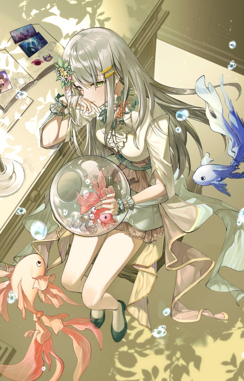 1girl absurdres book bubble center_frills collar commentary_request dappled_sunlight desk fish fishbowl flower frilled_collar frilled_shirt frilled_skirt frills goldfish green_eyes green_footwear grey_hair grey_socks hair_flower hair_ornament hairclip hand_in_own_hair highres hinomori_shiho korean_commentary koukyou_suru_machi_no_katasumi_de_(project_sekai) lomo_(81159) long_hair official_alternate_costume official_alternate_hair_length official_alternate_hairstyle open_book photo_(object) project_sekai saucer shirt sidelocks sitting skirt socks solo sunlight swept_bangs