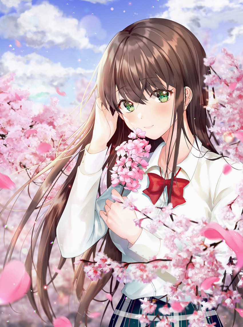 1girl black_skirt blush bow breasts brown_hair cherry_blossoms commentary_request day flower green_eyes heeri highres holding long_hair long_sleeves looking_at_viewer medium_breasts original outdoors red_bow red_neckwear red_skirt shirt skirt smile solo striped_clothes striped_skirt white_shirt white_skirt