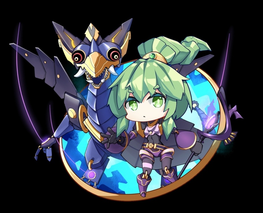 1girl black_background black_sclera cape chibi colored_sclera dragon duel_monster el_shaddoll_winda full_body green_eyes green_hair hand_up holding holding_staff mofftarkin multicolored_eyes ponytail red_eyes sharp_teeth staff teeth white_eyes wide_sleeves winda_(yu-gi-oh!) yu-gi-oh!