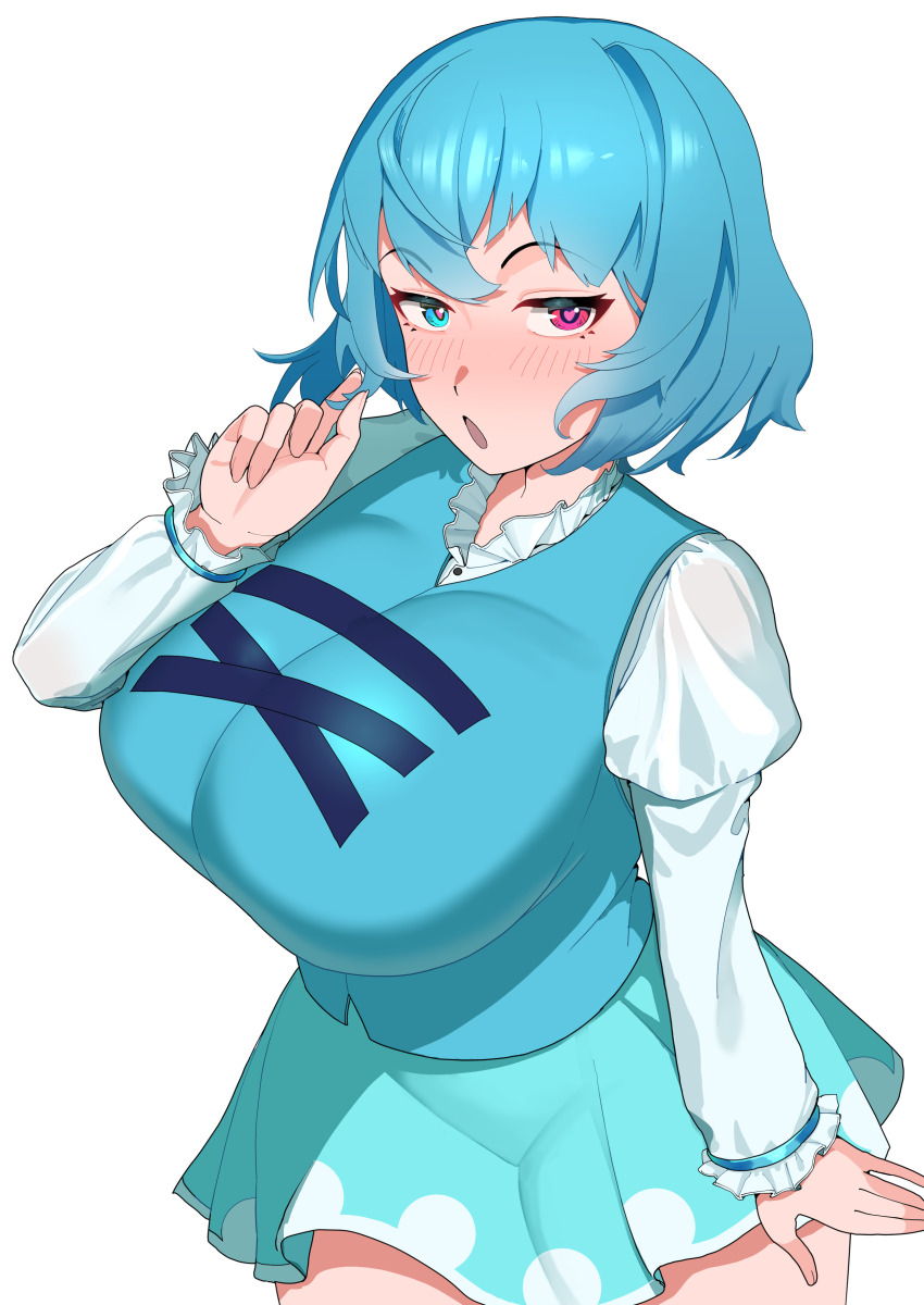 1girl absurdres blue_hair blue_skirt blue_sky blush breasts commentary_request heart heart-shaped_pupils heterochromia highres huge_breasts juliet_sleeves long_sleeves open_mouth puffy_sleeves short_hair simple_background skirt sky solo symbol-shaped_pupils tatara_kogasa touhou urizaku3 white_background