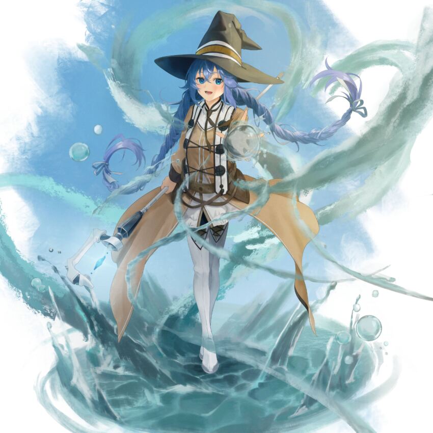 1girl absurdres blue_eyes blue_hair blue_ribbon blush boots braid brown_cloak brown_hat bubble cloak commentary crossed_bangs duang_(user_tsag8258) floating_hair hair_between_eyes hair_ribbon hat highres holding holding_staff hydrokinesis long_braid long_hair looking_at_viewer low_twin_braids lower_teeth_only mage_staff mushoku_tensei open_mouth outstretched_arm ribbon roxy_migurdia smile solo staff standing teeth thigh_boots tongue twin_braids very_long_hair water white_footwear witch_hat