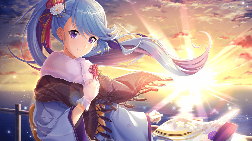 1girl aurora backlighting beach blue_hair blue_kimono bridget_(deep_one) capelet city_lights closed_mouth cloud cloudy_sky coat constellation crescent_moon deep_one_kyomu_to_mugen_no_fragment diffraction_spikes dusk dutch_angle earth_(planet) evening fireworks floating_hair floral_print flower full_moon fur-trimmed_capelet fur-trimmed_coat fur-trimmed_hood fur-trimmed_jacket fur-trimmed_kimono fur-trimmed_sleeves fur_collar fur_trim galaxy gintarou_(kurousagi108) glint gloves gradient_sky hair_flower hair_ornament hair_ribbon holding hood horizon jacket japanese_clothes kimono lens_flare light_particles light_rays long_hair long_sleeves looking_at_viewer milky_way moon moonlight mountain mountainous_horizon night night_sky non-web_source obi ocean orange_sky outdoors planet pom_pom_(clothes) power_lines purple_eyes purple_sky red_sky ribbon rose sash scenery shooting_star sky smile snowing solo space sparkle star_(sky) star_(symbol) starry_sky starry_sky_print sun sunlight sunrise sunset tanabata tanzaku tassel torii twilight very_long_hair white_gloves wide_sleeves yellow_sky