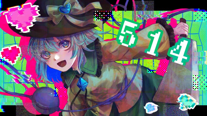 1girl :d black_hat bow commentary_request glitch green_eyes green_hair green_skirt hat hat_bow heart heart_of_string highres koishi_day koishi_kawaiine komeiji_koishi long_sleeves looking_at_viewer nata_(tool) open_mouth shirt short_hair skirt smile solo third_eye touhou yellow_bow yellow_shirt