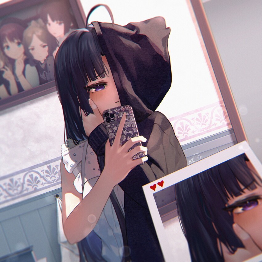 1girl absurdres ahoge awa_subaru black_hair black_hoodie chinese_commentary closed_mouth commentary_request ebizuka_tomo girls_band_cry hand_on_own_chest highres hood hoodie indoors iseri_nina kawaragi_momoka lonely long_hair long_sleeves mirror_selfie ornate_phone_case parted_bangs photo_(object) polaroid_photo purple_eyes selfie shirt sidelocks signature sklt_(swyt8223) sleeveless sleeveless_shirt solo togenashi_togeari white_shirt