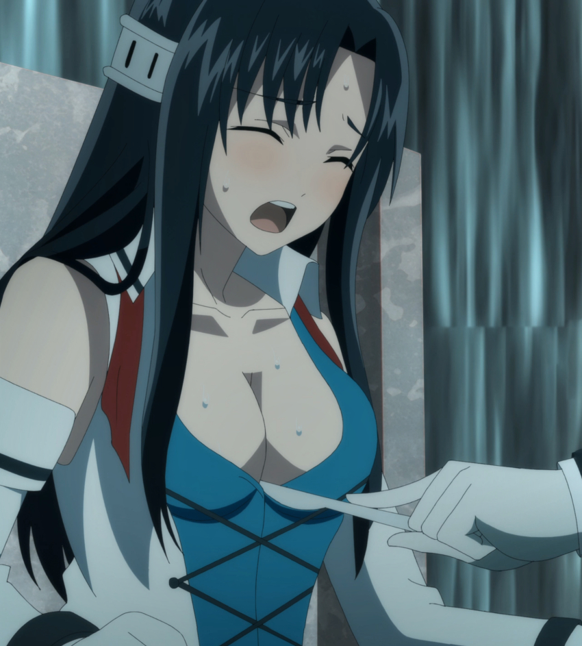 1girl absurdres anime_screenshot black_hair blush breasts cleavage collarbone cut_clothes dress forced_exposure gloves highres knife long_hair long_sleeves marguerite_farom medium_breasts open_mouth stitched third-party_edit white_dress white_gloves yuusha_ga_shinda!