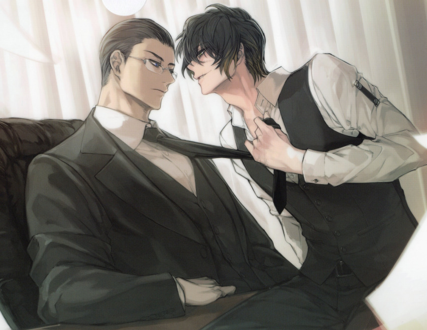 absurdres artist_request black_hair business_suit formal_clothes fujieda_ryo glasses hair_slicked_back highres lawyer male_focus messy_hair necktie nitro+_chiral non-web_source official_art slow_damage suit towa_(slow_damage) white_undershirt yaoi