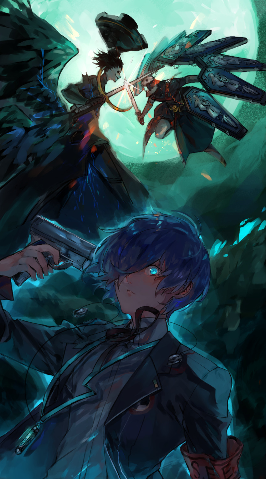 3boys armband black_jacket black_ribbon blue_eyes blue_hair dress_shirt fighting full_moon gekkoukan_high_school_uniform grey_shirt gun hair_over_one_eye handgun highres holding holding_gun holding_sword holding_weapon jacket long_sleeves lor_(roasyerizyonirapi) moon multiple_boys neck_ribbon nyx_avatar open_clothes open_jacket persona persona_3 ribbon school_uniform shirt short_hair sword thanatos_(persona) weapon yuuki_makoto_(persona_3)