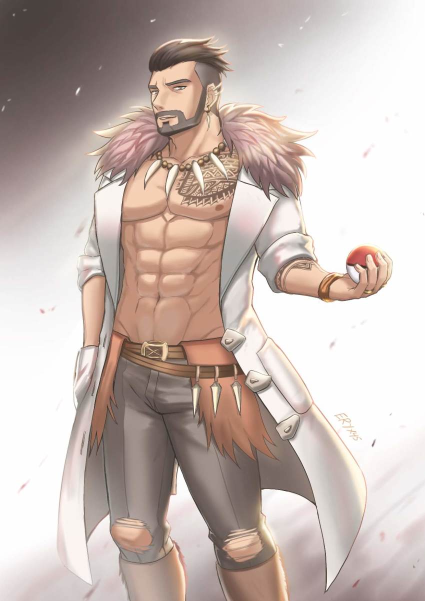 1boy abs alternate_costume bara bare_pectorals beard belt boots brown_belt brown_footwear brown_hair coat commentary cosplay creatures_(company) earrings eryx45 facial_hair fur-trimmed_coat fur_trim game_freak hand_in_pocket highres holding holding_poke_ball jewelry male_focus mature_male muscular muscular_male navel necklace nintendo open_clothes open_coat pants parted_lips pectorals poke_ball poke_ball_(basic) pokemon pokemon_sv sada_(pokemon) sada_(pokemon)_(cosplay) short_hair solo tooth_necklace torn_clothes torn_pants turo_(pokemon) undercut white_coat