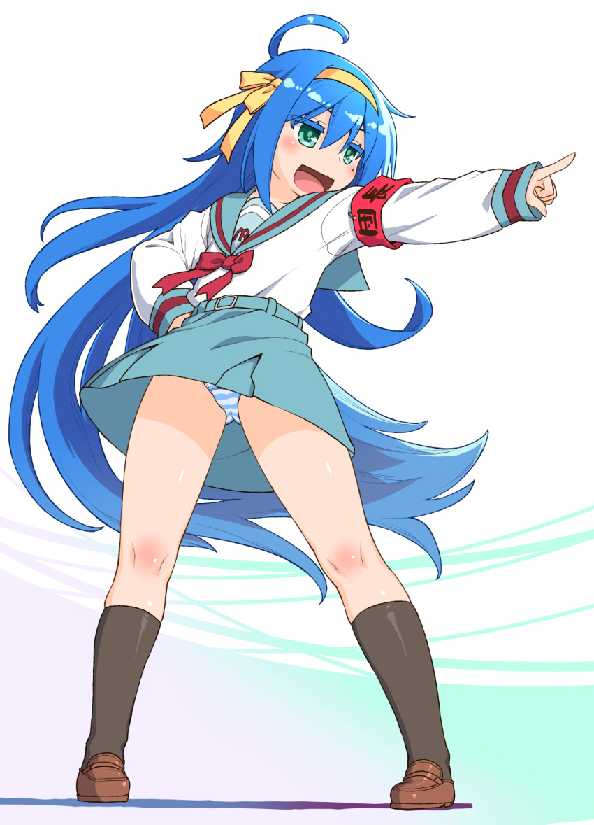 1girl :d ahoge aqua_sailor_collar aqua_skirt blue_hair brown_footwear cosplay full_body green_eyes hair_between_eyes hairband hand_on_own_hip highres izumi_konata kogaku_kazuya loafers long_hair looking_away lucky_star mole mole_under_eye open_mouth outstretched_arm panties pointing pointing_to_the_side sailor_collar school_uniform serafuku shoes skirt smile socks solo standing striped_clothes striped_panties striped_socks suzumiya_haruhi suzumiya_haruhi_(cosplay) suzumiya_haruhi_no_yuuutsu underwear very_long_hair yellow_hairband