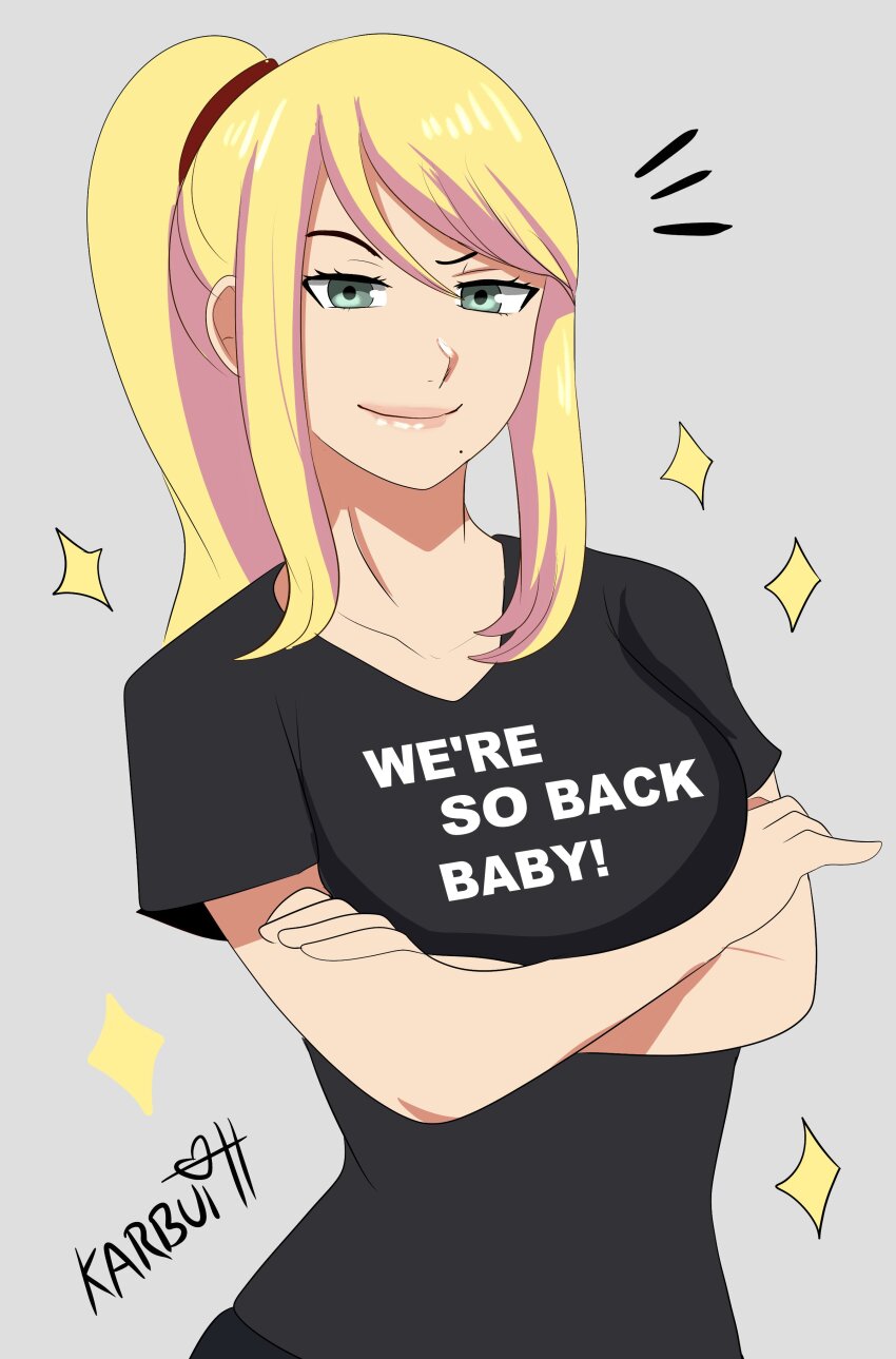 absurdres artist_name blonde_hair crossed_arms english_text eyebrow_raise highres karbuitt looking_at_viewer metroid metroid_prime_4:_beyond mole mole_under_mouth nintendo samus_aran shirt smile t-shirt