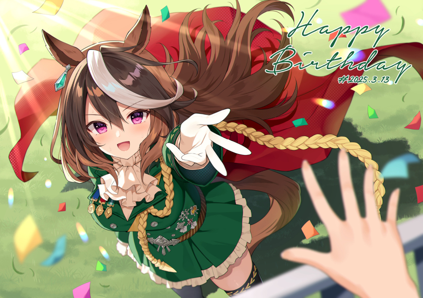 1girl 1other :d animal_ears ascot black_thighhighs blurry blurry_foreground breasts brown_hair cape commentary_request confetti dated day depth_of_field frilled_skirt frills green_jacket green_skirt grey_hair hair_between_eyes happy_birthday horse_ears horse_girl horse_tail jacket long_hair looking_at_viewer mauve medium_breasts multicolored_hair open_mouth outdoors pleated_skirt purple_eyes red_cape shirt skirt smile solo_focus standing sunlight symboli_rudolf_(umamusume) tail thighhighs two-tone_hair umamusume very_long_hair white_ascot white_shirt