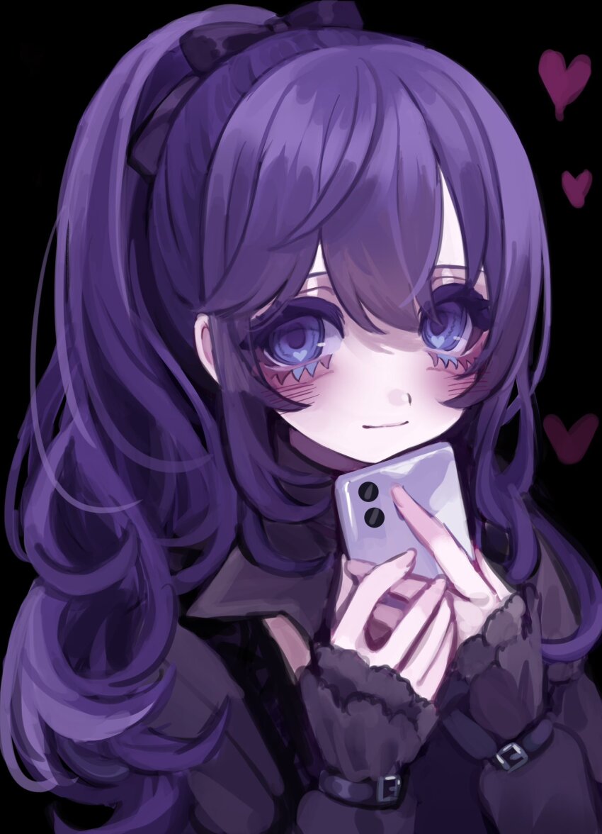 1girl aegyo_sal asahina_mafuyu black_background black_bow black_dress blush bow closed_mouth commentary_request curly_hair double-parted_bangs dress empty_eyes fingernails hair_between_eyes hair_bow hands_up heart heart_in_eye highres holding holding_phone jishou_210 long_hair long_sleeves looking_at_viewer phone ponytail project_sekai purple_eyes purple_hair purple_theme sidelocks simple_background sleeves_past_wrists smile solo symbol_in_eye upper_body