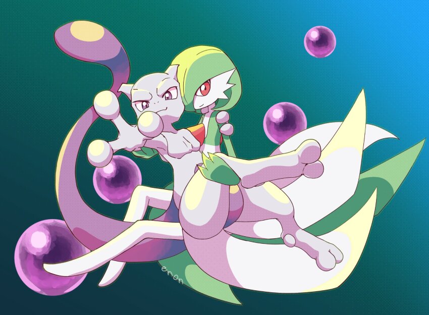 1boy 1girl animal_feet animal_hands arm_around_shoulder arm_up artist_name bob_cut carrying closed_mouth colored_skin creatures_(company) enohito flat_chest furry furry_male game_freak gardevoir gen_1_pokemon gen_3_pokemon gradient_background green_background green_hair green_skin hair_over_one_eye hand_on_another&#039;s_shoulder hands_up happy highres legendary_pokemon looking_at_viewer mewtwo multicolored_skin nintendo one_eye_covered orb outstretched_arm pokemon pokemon_(creature) pokemon_tcg pokemon_tcg_pocket princess_carry purple_eyes purple_skin reaching reaching_towards_viewer red_eyes role_reversal short_hair signature simple_background smile spread_fingers tail_raised two-tone_skin white_skin