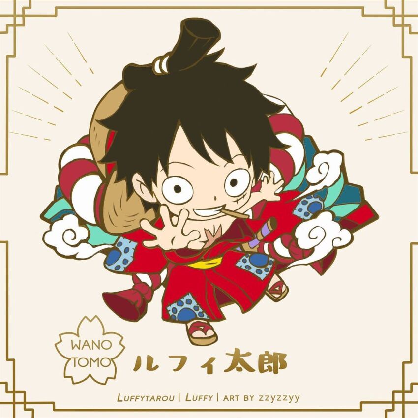 1boy artist_name black_hair character_name chibi chonmage commentary english_commentary flip-flops full_body hat japanese_clothes kimono looking_at_viewer monkey_d._luffy one_piece red_kimono rope sandals sash scar scar_on_chest scar_on_face shimenawa solo straw_hat sword topknot weapon yellow_sash zzyzzyy