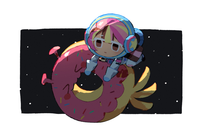 &gt;_&lt; 1girl 1other alien astronaut_cookie blonde_hair brown_eyes brown_hair chibi chibi_only closed_eyes commentary_request cookie_run cookie_run:_ovenbreak doughnut floating food full_body helmet highres holding multicolored_hair official_style parted_lips pink_hair revi_616 revision short_hair space space_doughnut space_helmet spacesuit sprinkles star_(sky) streaked_hair white_background