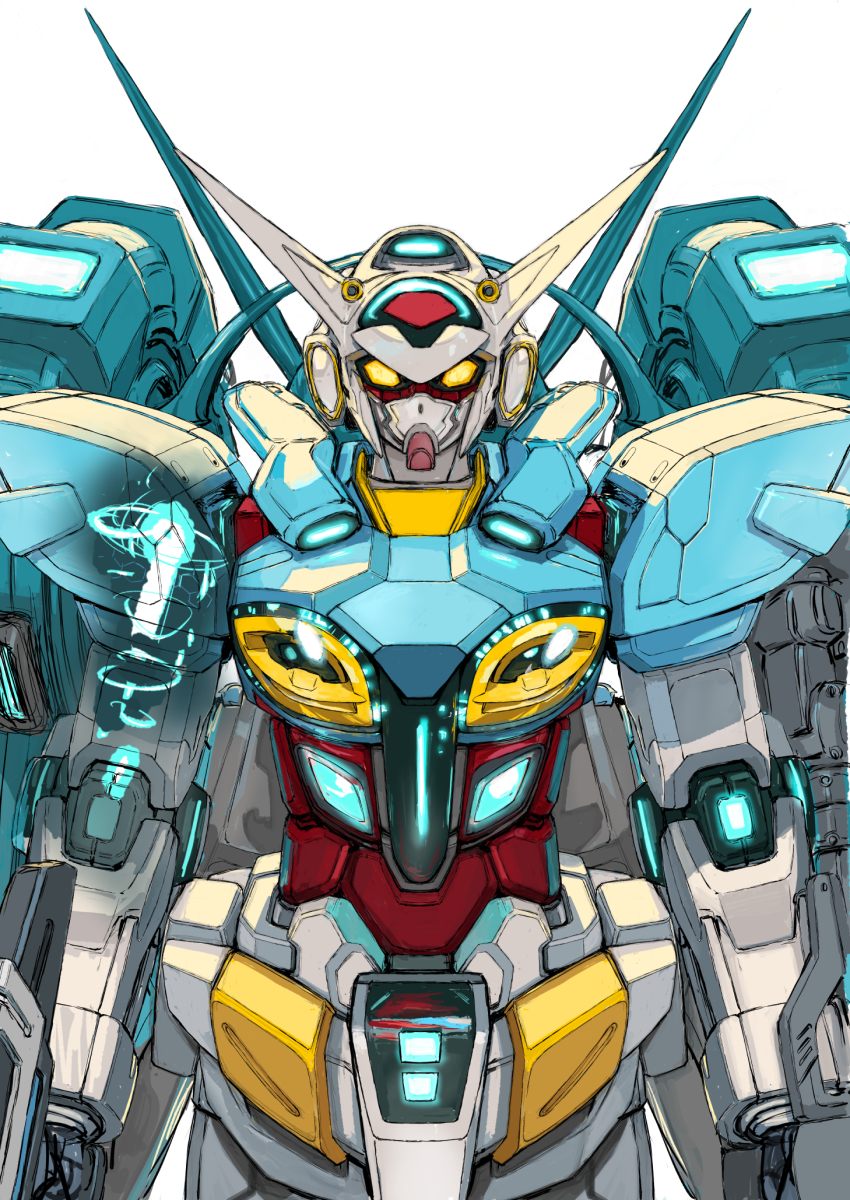 clenched_hands g-self gundam gundam_g_no_reconguista highres looking_at_viewer mecha mobile_suit no_humans robot science_fiction solo upper_body white_background yasuda_akira yellow_eyes