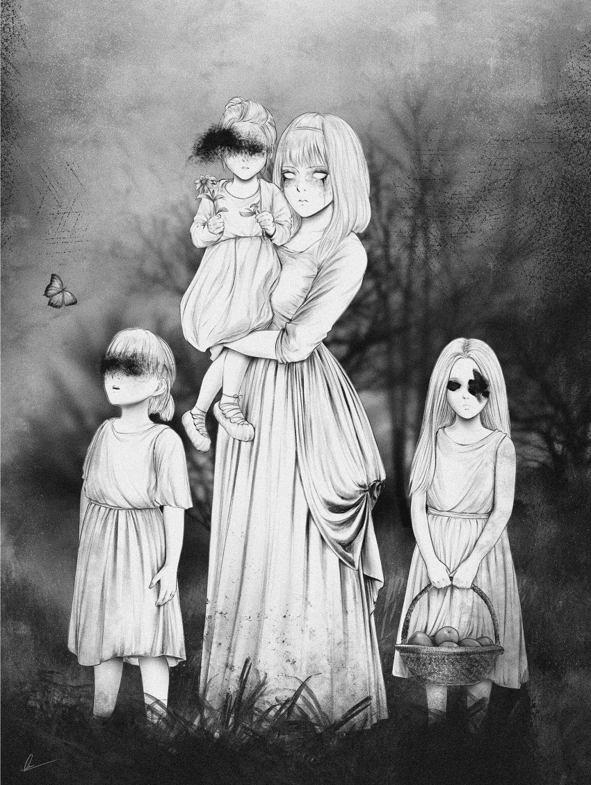 4girls absurdres basket blank_eyes bug butterfly carrying censored child dress flower food fruit grass greyscale highres horror_(theme) identity_censor insect maria_fritz marvin_(omarvin) monochrome mother_and_daughter multiple_girls rose_fritz sheena_fritz shingeki_no_kyojin signature tree ymir_fritz