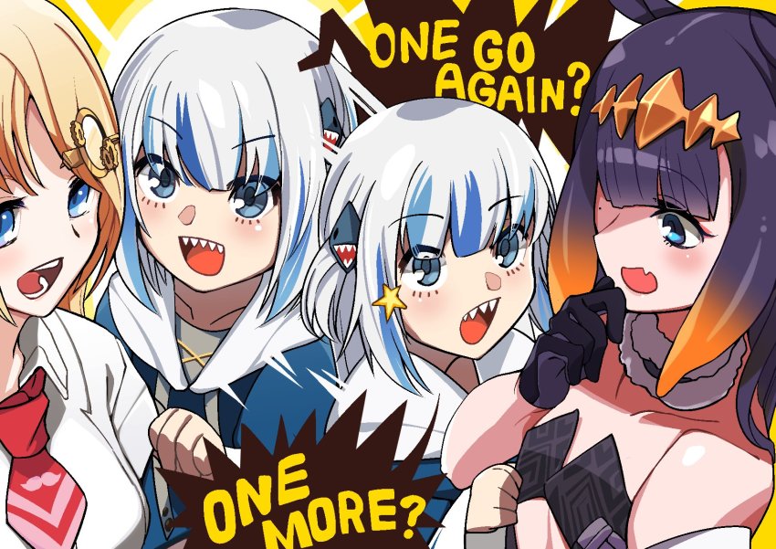 3girls black_hair blue_eyes commentary english_commentary english_text engrish_text fang gawr_gura gawr_gura_(1st_costume) highres hololive hololive_english long_hair looking_down looking_up medium_hair mole mole_under_eye multiple_girls ninomae_ina&#039;nis ninomae_ina&#039;nis_(1st_costume) open_mouth ranguage ronin_(zeth_total) sharp_teeth teeth virtual_youtuber watson_amelia watson_amelia_(1st_costume) white_hair