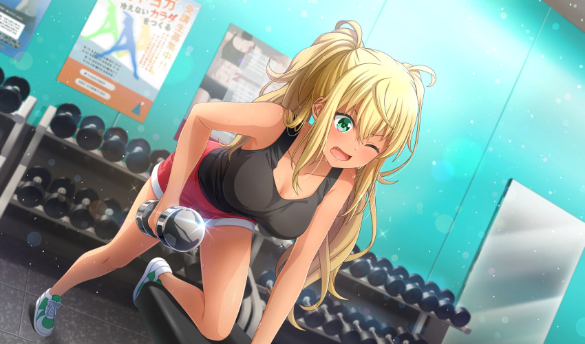 1girl black_tank_top blonde_hair blurry cinderella_series collarbone dark-skinned_female dark_skin depth_of_field dumbbell dumbbell_nan_kilo_moteru? dutch_angle exercising fang film_grain game_cg glint green_eyes hachigatsu_no_cinderella_nine highres holding holding_dumbbell indoors lens_flare light_particles long_hair looking_down mirror non-web_source official_art one_eye_closed open_mouth red_shorts sakura_hibiki shoes shorts sneakers solo sweat tank_top tile_floor tiles twintails v-shaped_eyebrows