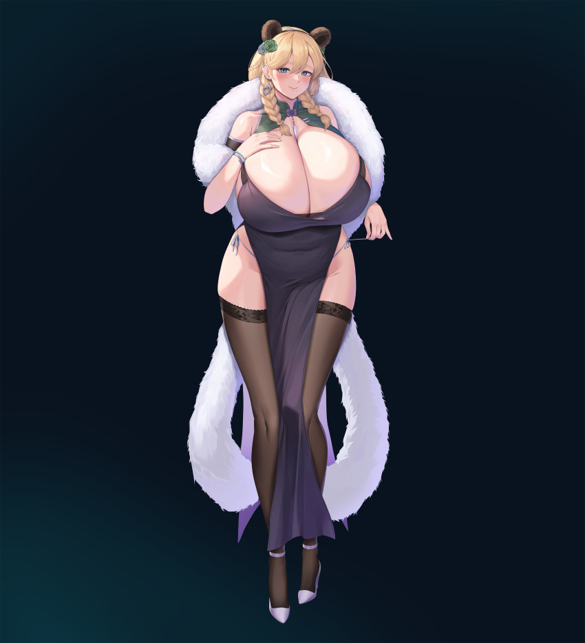 1girl absurdres animal_ears bare_shoulders bear_ears bear_girl blonde_hair blue_background blue_eyes blush bracelet braid breasts brown_thighhighs cccco cleavage commentary covered_navel curvy dress ear_piercing earrings evening_gown extra_ears flower frigga_(last_origin) full_body fur_shawl gigantic_breasts gradient_background green_flower grey_flower groin hair_flower hair_ornament hand_on_own_chest hand_up highleg highleg_dress highres jewelry lace lace-trimmed_thighhighs lace_trim last_origin long_dress long_hair looking_at_viewer mole mole_under_mouth off-shoulder_dress off_shoulder panty_straps panty_tug piercing purple_dress purple_footwear shawl shoes side_slit sideboob skindentation sleeveless sleeveless_dress smile solo standing thighhighs twin_braids two-tone_dress wide_hips