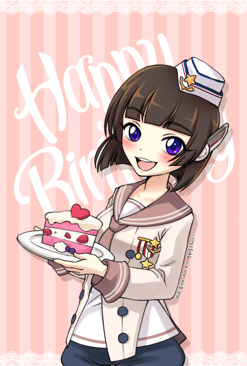 1girl artist_name banghwadongjopidi black_hair blunt_bangs blush bob_cut breasts brown_sailor_collar cake cake_slice character_name commentary_request copyright_name cowboy_shot dated dot_nose english_text food hair_ornament happy_birthday hat hat_ornament heart highres holding holding_plate korean_commentary looking_at_viewer master_of_eternity medal military_hat mini_hat open_mouth partial_commentary pink_background plate purple_eyes sailor_collar short_hair small_breasts smile solo star_(symbol) strawberry_cake striped_background teeth tilted_headwear upper_teeth_only white_hat yulia_(master_of_eternity)