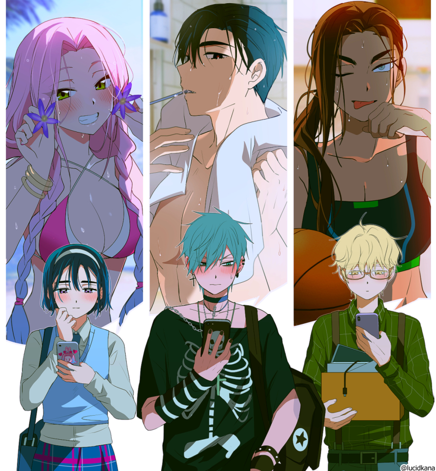 3boys 3girls alien_stage artist_name ball basketball_(object) bikini black_choker black_eyes black_hair black_shirt black_sports_bra blonde_hair blue_hair blue_sweater blush box braid breasts brown-framed_eyewear brown_hair cellphone choker cleavage clematis_(flower) collared_shirt commentary criss-cross_halter dark-skinned_female dark_skin ear_piercing earrings english_commentary flower glasses gradient_hair green_eyes green_shirt grey_eyes grey_hair hairband halterneck highres holding holding_ball holding_box holding_flower holding_phone hyuna_(alien_stage) ivan_(alien_stage) jewelry long_hair long_sleeves lucidkana luka_(alien_stage) mizi_(alien_stage) multicolored_hair multiple_boys multiple_girls official_alternate_costume one_eye_closed phone piercing pink_bikini pink_hair plaid_clothes plaid_shirt ponytail purple_eyes purple_flower red_pupils semi-rimless_eyewear shirt short_hair skeleton_print smartphone smile sports_bra sua_(alien_stage) suspenders sweat sweater swimsuit till_(alien_stage) tongue tongue_out topless_male towel towel_around_neck twin_braids two-tone_hair very_long_hair very_short_hair white_hairband white_shirt yellow_eyes