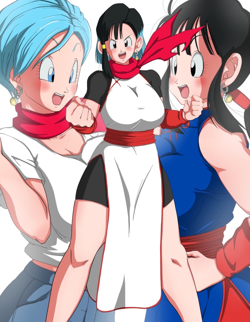 3girls black_hair blue_eyes blue_hair bulma chi-chi_(dragon_ball) chima_(character) dragon_ball earrings fusion hazama_null highres jewelry multiple_girls potara_earrings potara_fusion red_scarf scarf