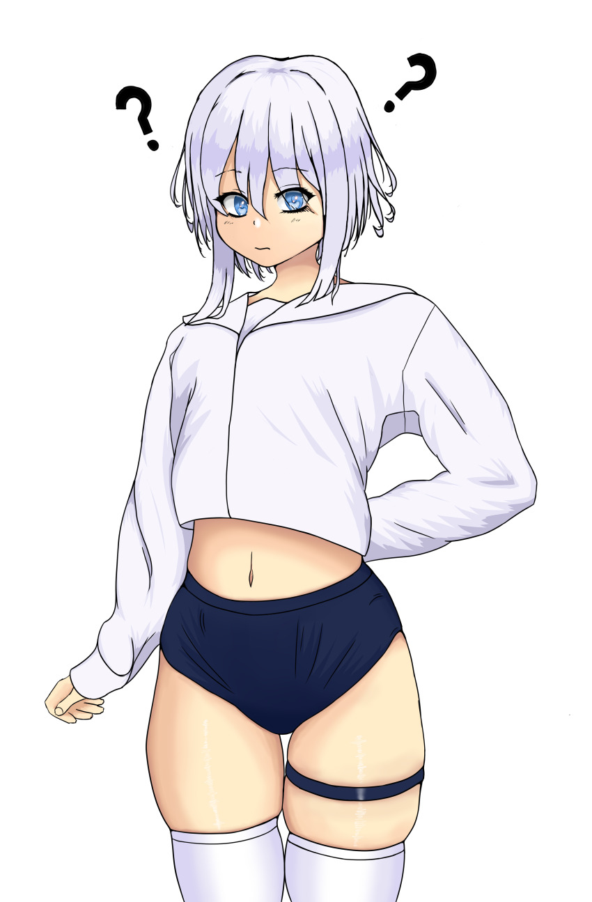 1girl absurdres blue_eyes blue_jacket blush closed_mouth confused garter_belt highres jacket long_sleeves navel nose original self-upload short_hair short_shorts shorts solo sportswear standing straight-on tagme thighhighs thighs white_background white_hair