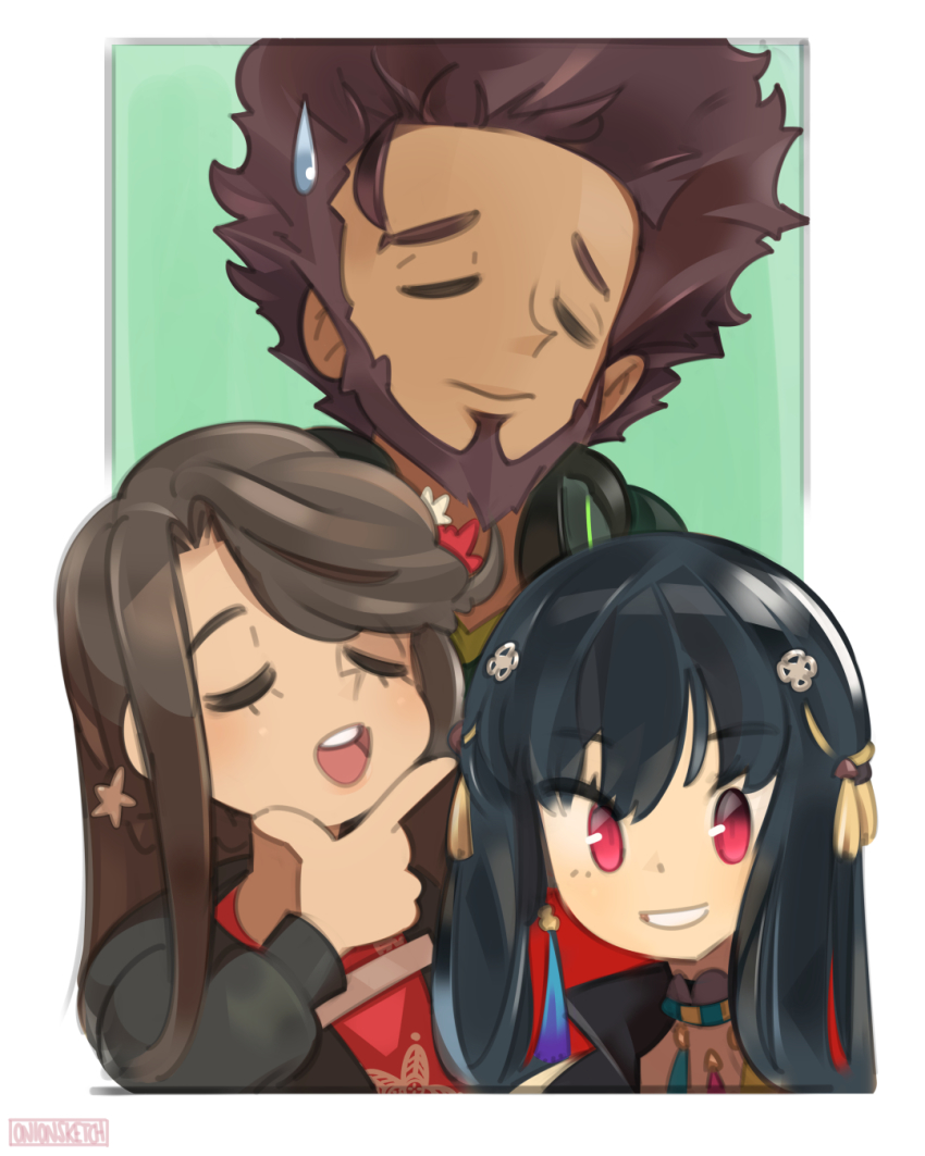 1boy 2girls aadya_(nijisanji) beard black_hair black_hoodie dark-skinned_female dark-skinned_male dark_skin closed_eyes facial_hair hair_behind_ear headphones headphones_around_neck highres hood hoodie multicolored_hair multiple_girls nijisanji nijisanji_in noor_(nijisanji) onionsketch open_mouth parted_lips red_eyes red_hair smile streaked_hair sweatdrop vihaan virtual_youtuber