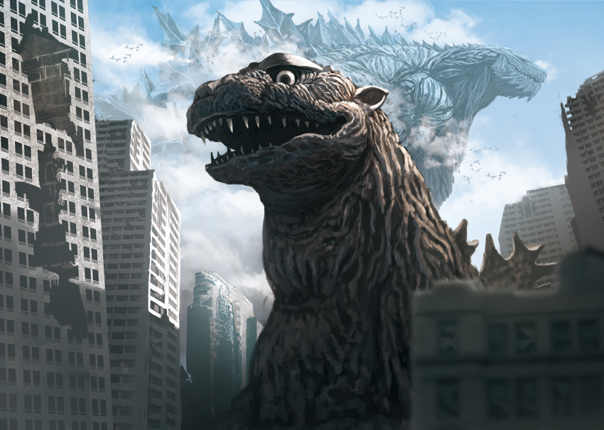 bird blue_sky building city cloud day destruction ears fangs flying giant giant_monster godzilla godzilla:_planet_of_the_monsters godzilla_(1954) godzilla_(series) godzilla_earth kaiju looking_at_viewer looking_down monster no_humans open_mouth polygon_pictures realistic ruins sharp_teeth sky skyscraper spikes suttoko teeth textless_version toho wings