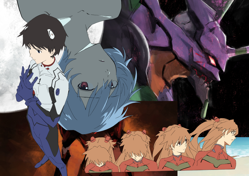 1boy 2girls 7ife absurdres ayanami_rei blue_hair bodysuit commentary english_commentary eva_01 evangelion_(mecha) highres ikari_shinji interface_headset mecha_pilot_suit moon multiple_girls neon_genesis_evangelion plugsuit red_bodysuit science_fiction short_hair souryuu_asuka_langley