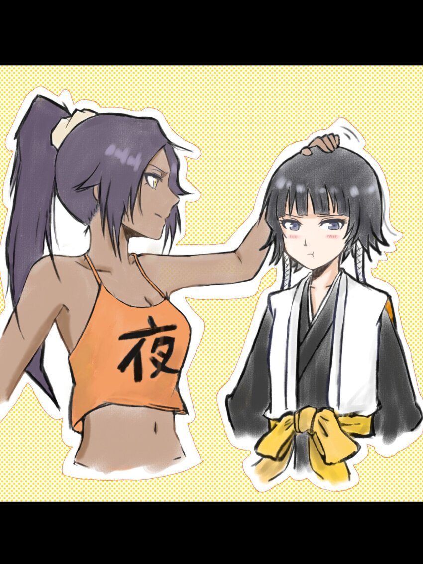 1boy 1girl black_eyes black_hair bleach braid braided_sidelock breasts camisole cleavage commentary commentary_request dark-skinned_female dark_skin english_commentary gen_1_pokemon hair_ornament hair_scrunchie happy_melon4311 headpat highres japanese_clothes letterboxed medium_breasts mixed-language_commentary navel orange_camisole ponyta ponytail pout purple_hair scrunchie shihouin_yoruichi short_hair_with_long_locks sui-feng twin_braids yellow_eyes