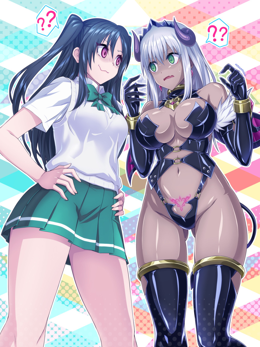 2girls ? ?? absurdres black_hair breasts commentary_request commission dark-skinned_female dark_skin demon_girl demon_horns demon_tail demon_wings earrings elbow_gloves fur_trim gloves green_eyes green_skirt grey_hair hands_on_own_hips highres horns jewelry large_breasts long_hair looking_at_another medium_breasts multiple_girls navel nervous nervous_sweating original pixiv_commission pubic_tattoo purple_eyes ribimura shiny_clothes shiny_skin shirt skirt standing sweat tail tattoo thighhighs two_side_up wavy_mouth white_shirt wings