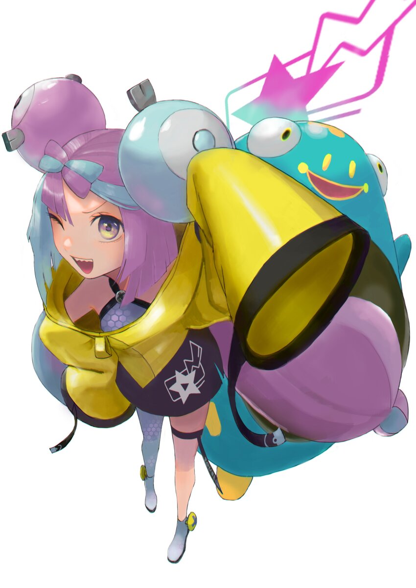 1girl ;d absurdres boots bow-shaped_hair character_hair_ornament creatures_(company) eyelashes full_body game_freak grey_footwear grey_shirt hair_ornament highres iono_(pokemon) jacket long_hair looking_at_viewer multicolored_hair nintendo one_eye_closed open_mouth pantyhose pink_hair pokemon pokemon_sv sharp_teeth shirt simple_background single_leg_pantyhose sleeveless sleeveless_shirt sleeves_past_fingers sleeves_past_wrists smile standing star_(symbol) teeth thigh_strap tongue twintails two-tone_hair upper_teeth_only white_background yasu_(shijimi_8) yellow_jacket