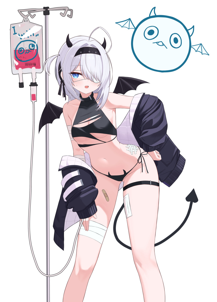 1girl absurdres ahoge armpit_crease bandaged_arm bandaged_leg bandages bandaid_on_chest bandaid_on_thigh bare_legs bare_shoulders bebetang black_hairband black_horns black_jacket black_panties black_survival black_tail black_wings blood blood_bag blue_eyes blush bomber_jacket breasts cleavage clenched_hand clothes_down collarbone commentary_request crop_top demon_girl demon_horns demon_tail demon_wings doodle_inset eternal_return:_black_survival eyepatch fang feet_out_of_frame gauze_on_hip grey_hair groin hair_intakes hair_over_one_eye hairband halter_shirt halterneck hand_on_own_hip hand_on_own_thigh highres horns intravenous_drip iv_stand jacket korean_commentary leaning_forward long_sleeves looking_at_viewer medical_eyepatch medium_breasts mini_wings navel one_side_up open_mouth panties shirt sideless_shirt simple_background sissela_kyle skin_fang sleeves_past_wrists small_sweatdrop solo stomach string_panties tail thigh_strap torn_clothes torn_shirt underboob underwear white_background wings