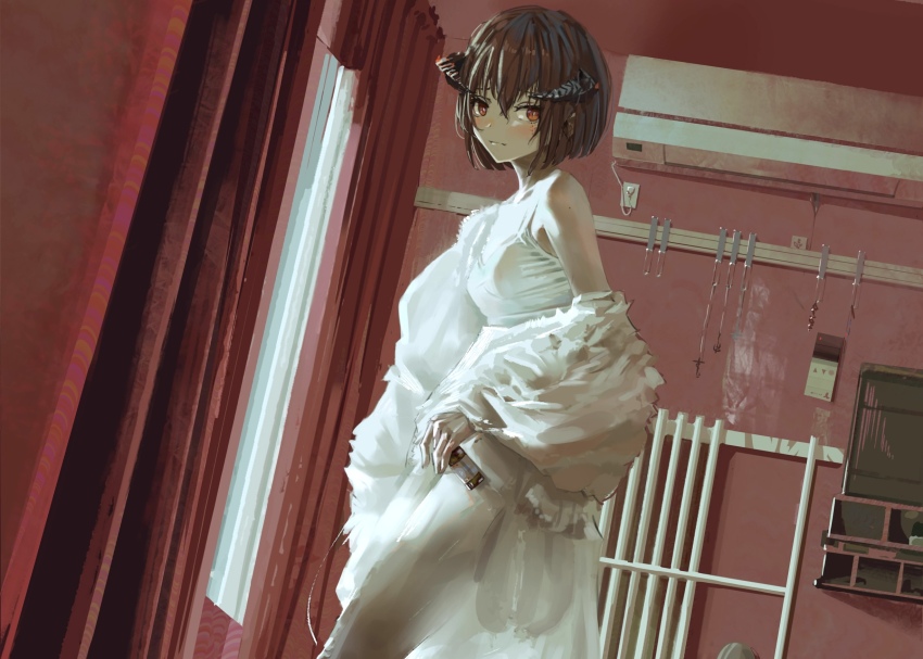 1girl air_conditioner bare_shoulders blush bob_cut bottle breasts brown_hair coat cowboy_shot curtains dutch_angle fur_coat hair_between_eyes highres holding holding_bottle horns indoors looking_at_viewer off_shoulder original red_background red_eyes short_hair small_breasts smile solo standing tifg39 window