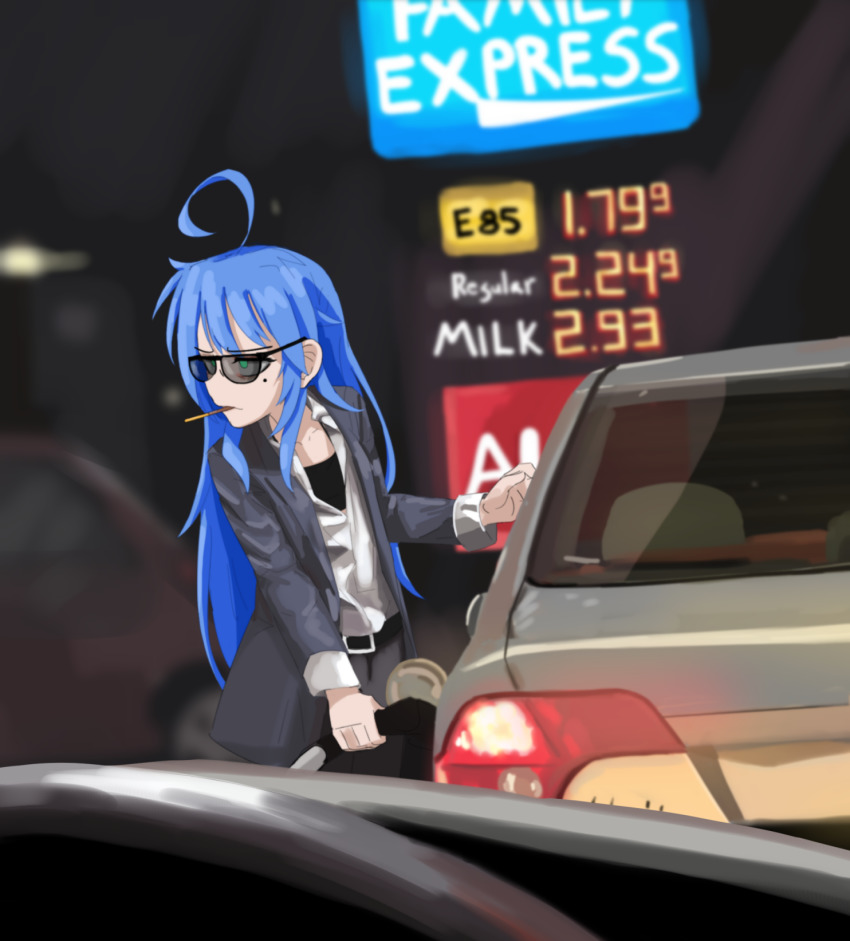 1girl ahoge belt blue_hair car collared_shirt commentary english_commentary food formal gas_station highres honda honda_civic izumi_konata kurokimoko long_hair lucky_star meme mole mole_under_eye motor_vehicle pants pocky self-upload shirt solo sports_bra suit sunglasses with_a_car_you_can_go_anywhere_you_want_(meme)