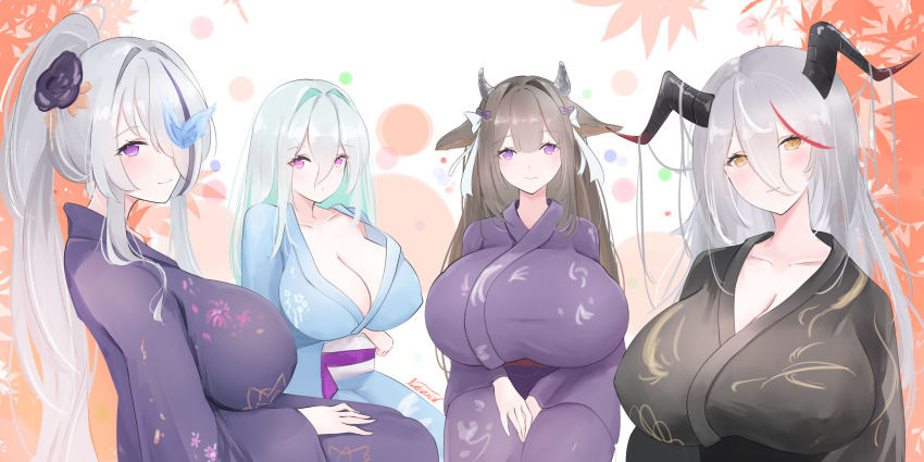 4girls aegir_(azur_lane) animal_ears artist_name azur_lane black_horns black_kimono blue_kimono breasts butterfly_over_eye cleavage closed_mouth cow_ears cow_girl cow_horns hair_over_one_eye hair_ribbon high_ponytail highres horns huge_breasts japanese_clothes kashino_(azur_lane) kearsarge_(azur_lane) kimono livetarica long_hair looking_at_viewer multicolored_hair multiple_girls purple_eyes purple_hair purple_kimono red_hair ribbon signature streaked_hair unzen_(azur_lane) very_long_hair white_hair white_ribbon