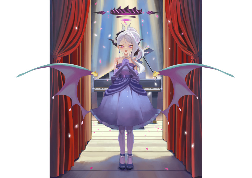 1girl black_horns black_wings blue_archive chen_bingyou demon_horns dress elbow_gloves full_body gloves grey_hair halo highres hina_(blue_archive) hina_(dress)_(blue_archive) horns long_hair multiple_horns official_alternate_costume official_alternate_hairstyle open_mouth pantyhose purple_dress purple_eyes purple_footwear purple_gloves purple_pantyhose shoes smile solo straight-on transparent_background wings