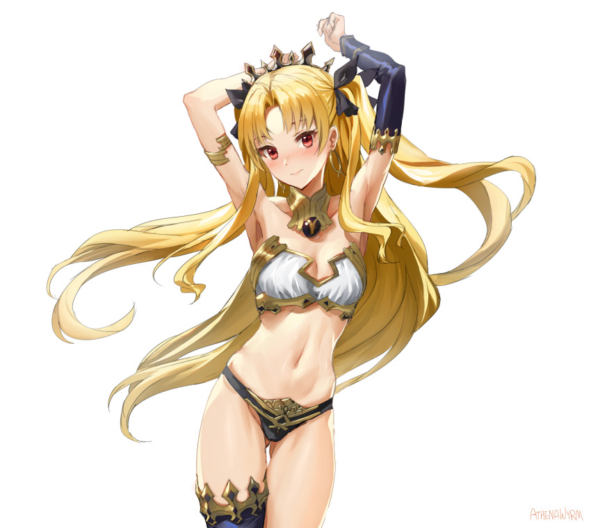 1girl armlet armpits arms_up artist_name athenawyrm bikini black_bikini black_ribbon black_thighhighs blush breasts cleavage closed_mouth collar cosplay cowboy_shot detached_sleeves earrings ereshkigal_(fate) fate/grand_order fate_(series) gluteal_fold hair_ornament head_tilt highres hoop_earrings ishtar_(fate) ishtar_(fate)_(cosplay) jewelry long_hair looking_at_viewer mismatched_bikini navel nose_blush parted_bangs red_eyes ribbon sidelocks simple_background single_detached_sleeve single_thighhigh small_breasts solo stomach swimsuit thigh_gap thighhighs two_side_up very_long_hair white_background white_bikini