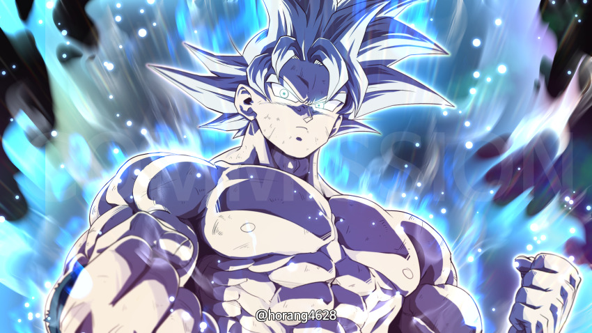 abs absurdres aura bare_pectorals clenched_hands closed_eyes commentary commission dragon_ball dragon_ball_super english_commentary frown glowing glowing_eyes highres horang4628 looking_at_viewer muscular muscular_male pectorals son_goku spiked_hair topless_male twitter_username ultra_instinct upper_body watermark white_eyes white_hair