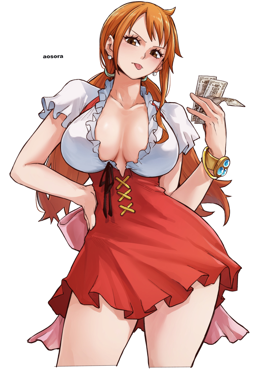 1girl :p absurdres aosora2823 blush bracelet breasts brown_eyes cleavage collarbone curvy dress ear_piercing frilled_shirt frilled_skirt frills hand_on_own_hip highres holding holding_money jewelry large_breasts log_pose long_hair looking_at_viewer money nami_(one_piece) nami_(one_piece)_(whole_cake_island) official_alternate_costume one_piece orange_hair piercing red_dress shirt short_dress short_sleeves skirt solo tongue tongue_out twintails wide_hips