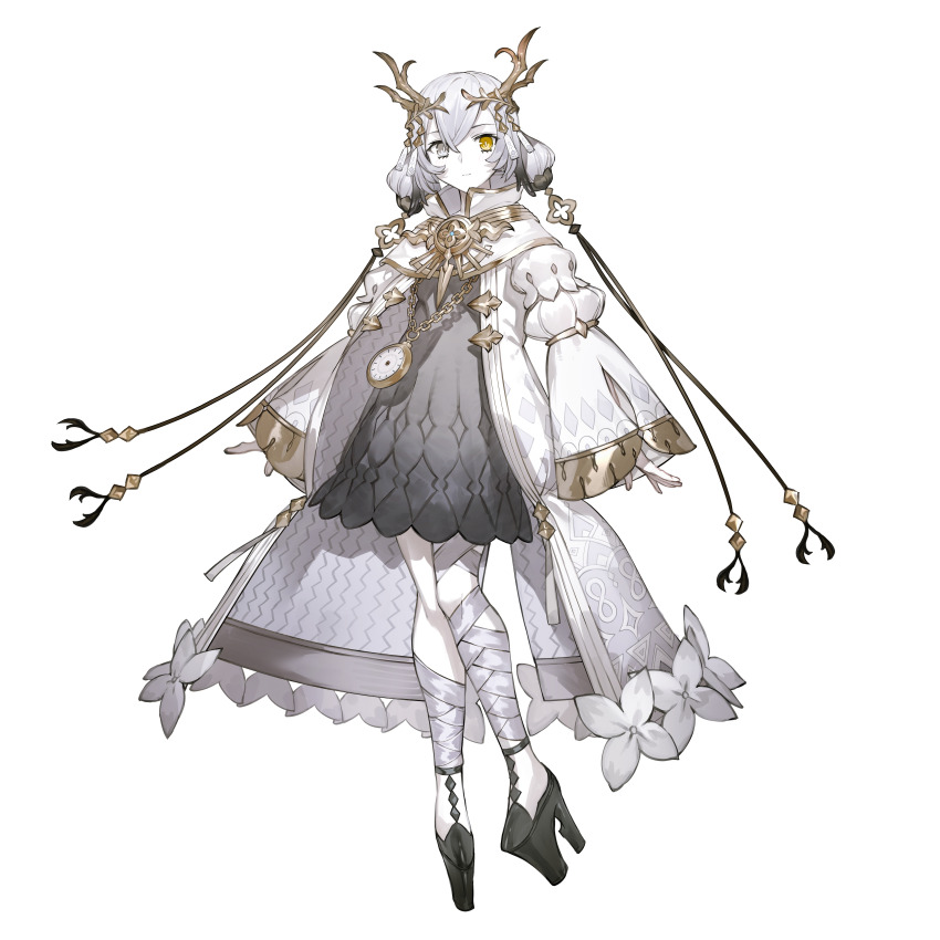 1girl absurdres atelier_(series) atelier_ryza atelier_ryza_3 bandaged_leg bandages black_footwear chain closed_mouth coat colored_skin dress full_body gold_trim grey_dress grey_eyes grey_hair hair_between_eyes hair_ornament heterochromia highres kala_ideas long_sleeves looking_at_viewer official_art pendant_watch platform_footwear short_hair simple_background solo standing toridamono white_background white_coat white_skin yellow_eyes