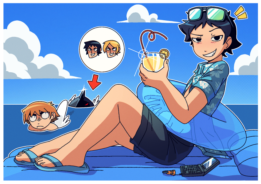 2boys alternate_costume arrow_(symbol) black_hair blush cellphone cellphone_charm charm_(object) cloud commentary cup drink drinking_glass drinking_straw eyewear_on_head flip-flops flip_phone grin hawaiian_shirt highres holding holding_cup innertube jitome ken_katayanagi kyle_katayanagi looking_at_viewer male_focus multiple_boys open_clothes open_shirt orange_hair outdoors phone sandals scott_pilgrim scott_pilgrim_(series) shirt short_hair shorts sky smile smug solo_focus sunglasses swim_ring wallace_wells warambling water