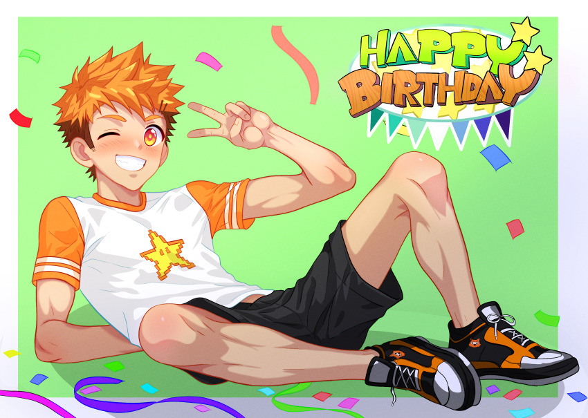 1boy akiba_hiro arm_behind_back black_shorts blush border camp_buddy clip_studio_paint_(medium) commentary confetti full_body green_background grin happy_birthday highres lightbunnyart looking_at_viewer lying male_focus multicolored_footwear multicolored_hair multicolored_shirt on_floor one_eye_closed orange_eyes orange_hair orange_shirt shirt shoes short_hair short_sleeves shorts smile sneakers solo star_(symbol) star_print t-shirt teeth two-tone_hair v white_border