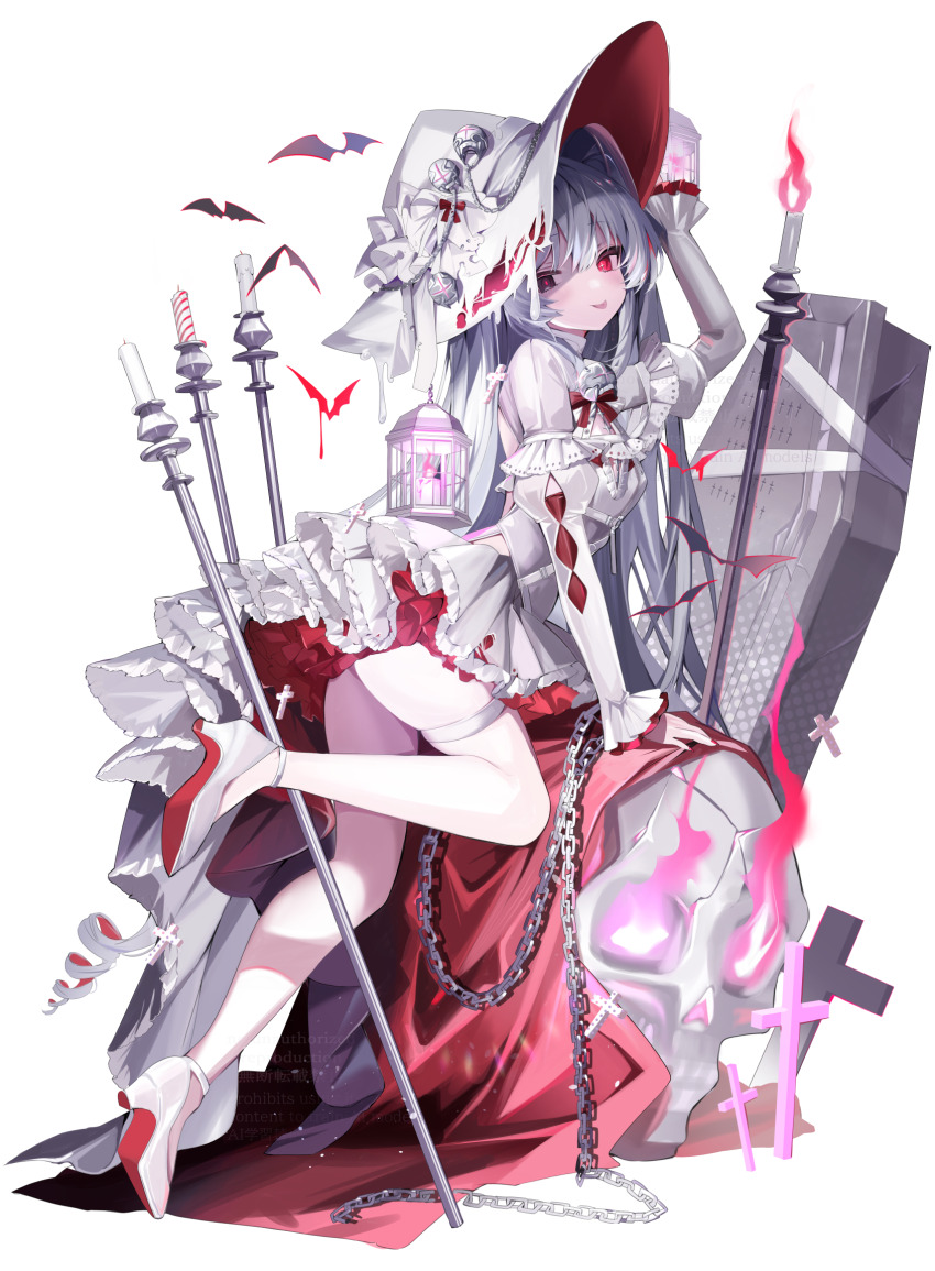 1girl :p back_cutout bat_(animal) black_eyes candle candlestand chain clothing_cutout coffin cross_ornament dress fire halloween hat heterochromia highres lantern long_hair looking_at_viewer multicolored_hair onodera_nire original red_eyes red_nails red_pupils skull skull_ornament solo symbol-shaped_pupils thigh_strap tongue tongue_out two-tone_dress two-tone_hair two-tone_hat white_dress white_footwear white_hair white_hat witch witch_hat