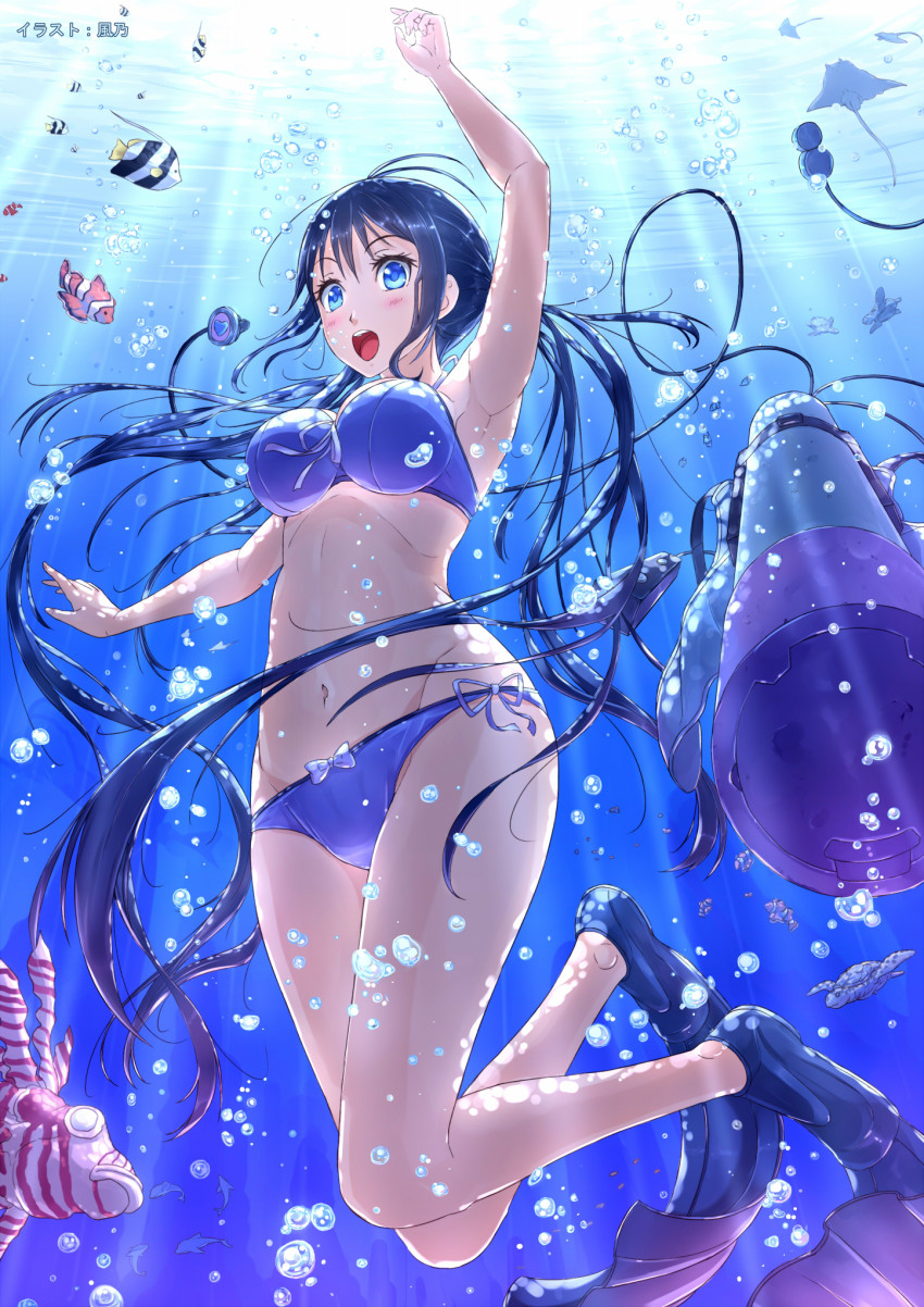 1girl :d amanchu! arm_up bikini blue_eyes blue_hair blush bubble clownfish diving female_focus fins fish flippers freediving groin highres kazeno long_hair looking_at_viewer matching_hair/eyes ooki_futaba open_mouth side-tie_bikini_bottom smile solo swimming swimsuit underwater very_long_hair